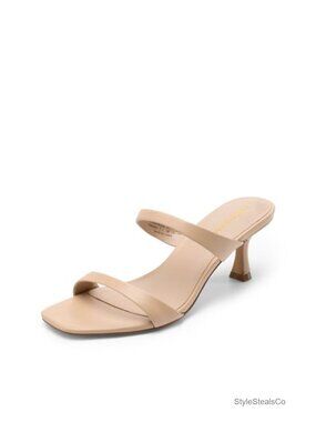 Two Strap Kitten Heel Square Toe Slide Sandals